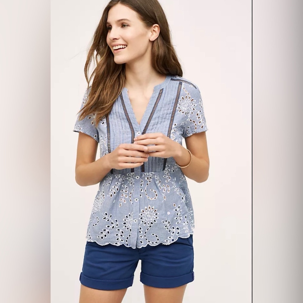 Anthropologie Jonsune Holdin Horses Blue Eyelet Lace Top Size Small # 939